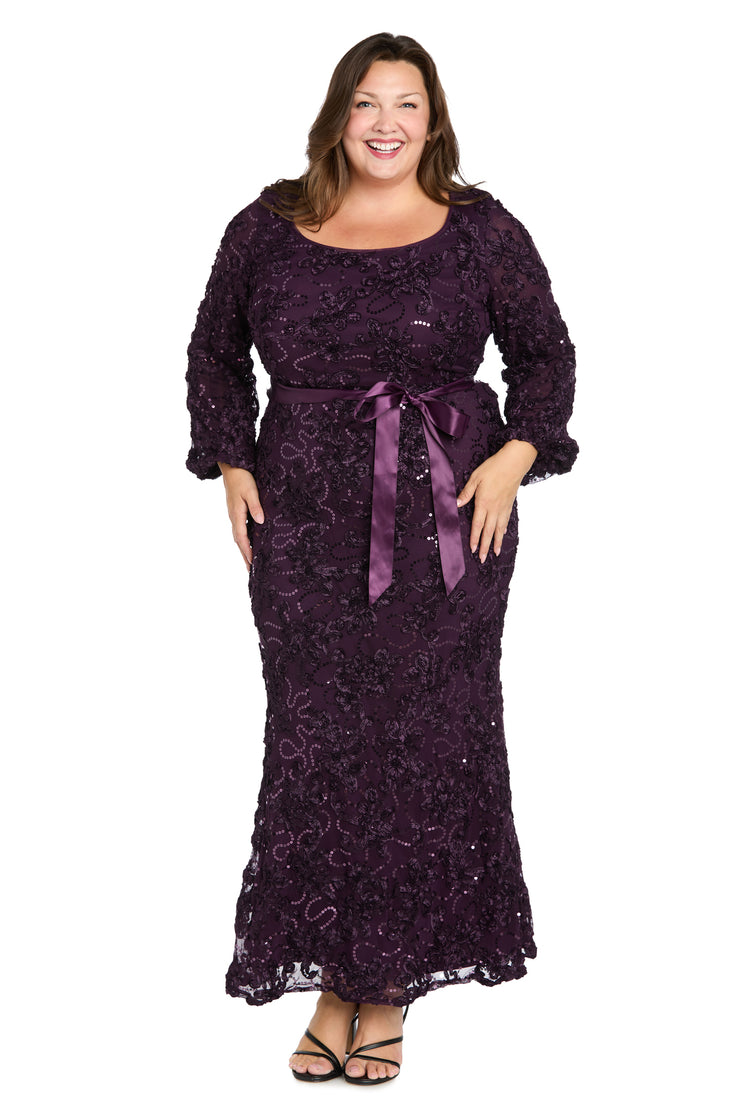 3D Floral V-Neck Evening Gown with Balloon Sleeves and Satin Waist Bow - Plus