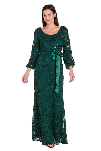 3D Floral V-Neck Evening Gown with Balloon Sleeves and Satin Waist Bow