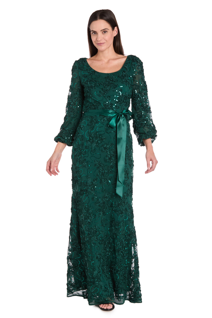 3D Floral V-Neck Evening Gown with Balloon Sleeves and Satin Waist Bow