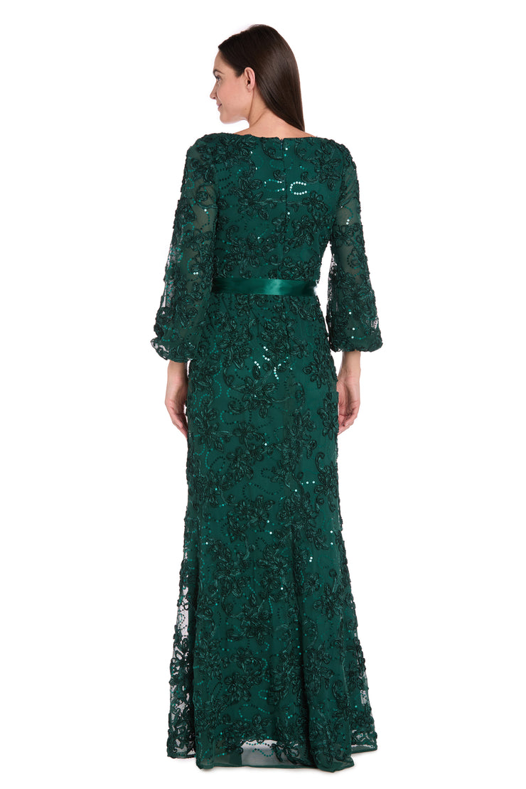 3D Floral V-Neck Evening Gown with Balloon Sleeves and Satin Waist Bow