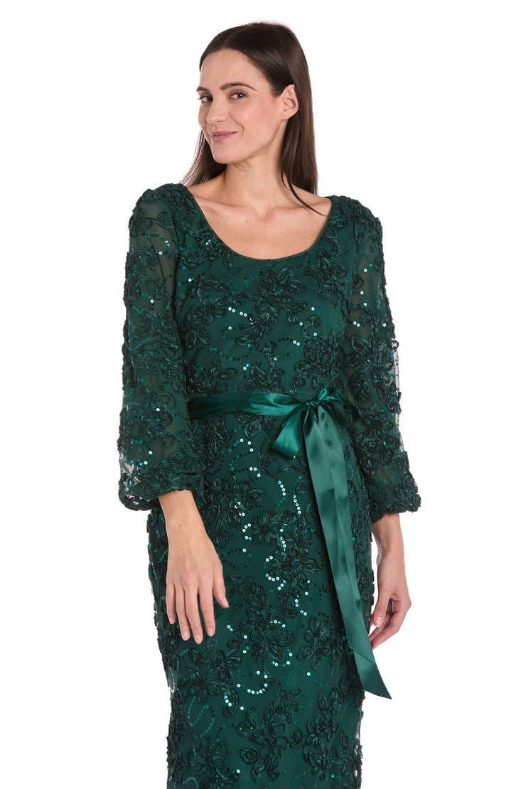 3D Floral V-Neck Evening Gown with Balloon Sleeves and Satin Waist Bow