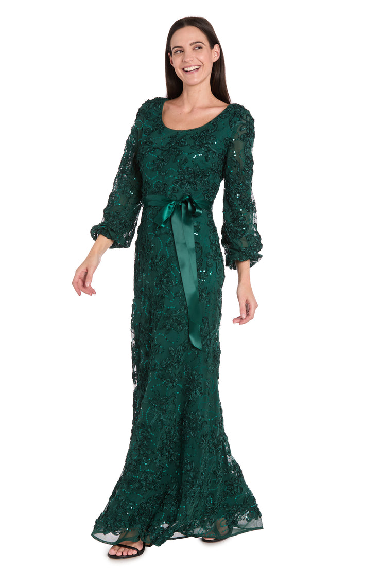 3D Floral V-Neck Evening Gown with Balloon Sleeves and Satin Waist Bow