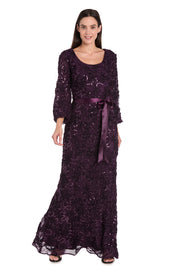 3D Floral V-Neck Evening Gown with Balloon Sleeves and Satin Waist Bow