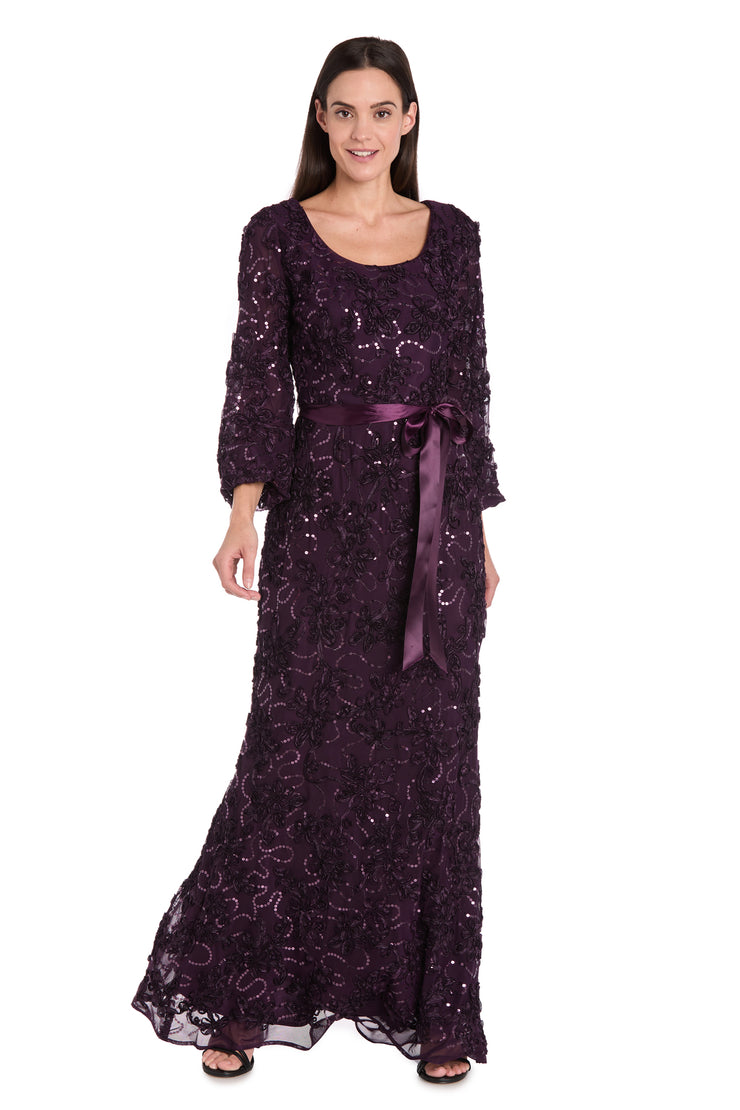 3D Floral V-Neck Evening Gown with Balloon Sleeves and Satin Waist Bow