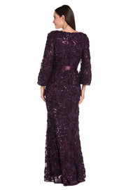 3D Floral V-Neck Evening Gown with Balloon Sleeves and Satin Waist Bow