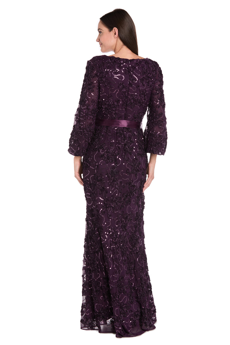 3D Floral V-Neck Evening Gown with Balloon Sleeves and Satin Waist Bow