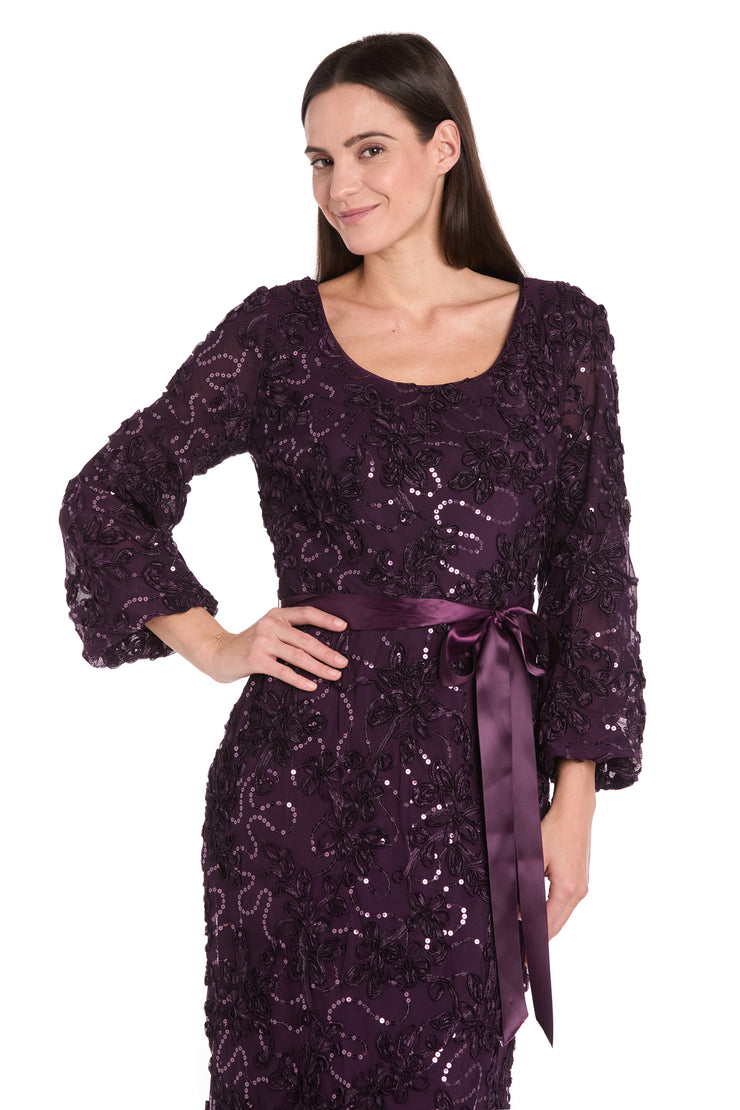 3D Floral V-Neck Evening Gown with Balloon Sleeves and Satin Waist Bow