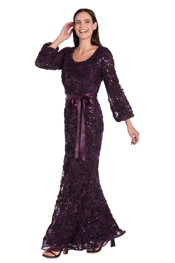 3D Floral V-Neck Evening Gown with Balloon Sleeves and Satin Waist Bow