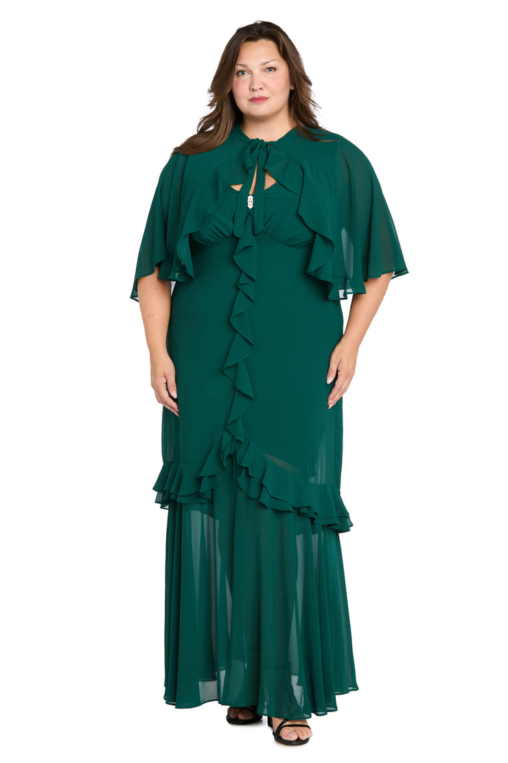 R&M Richards 3746W Cape Ruffle Midi Cocktail Plus Size Dress - Emerald / 20W R&M Richards 3746W Cape Ruffle Midi Cocktail Plus Size Dress - Emerald / 20W