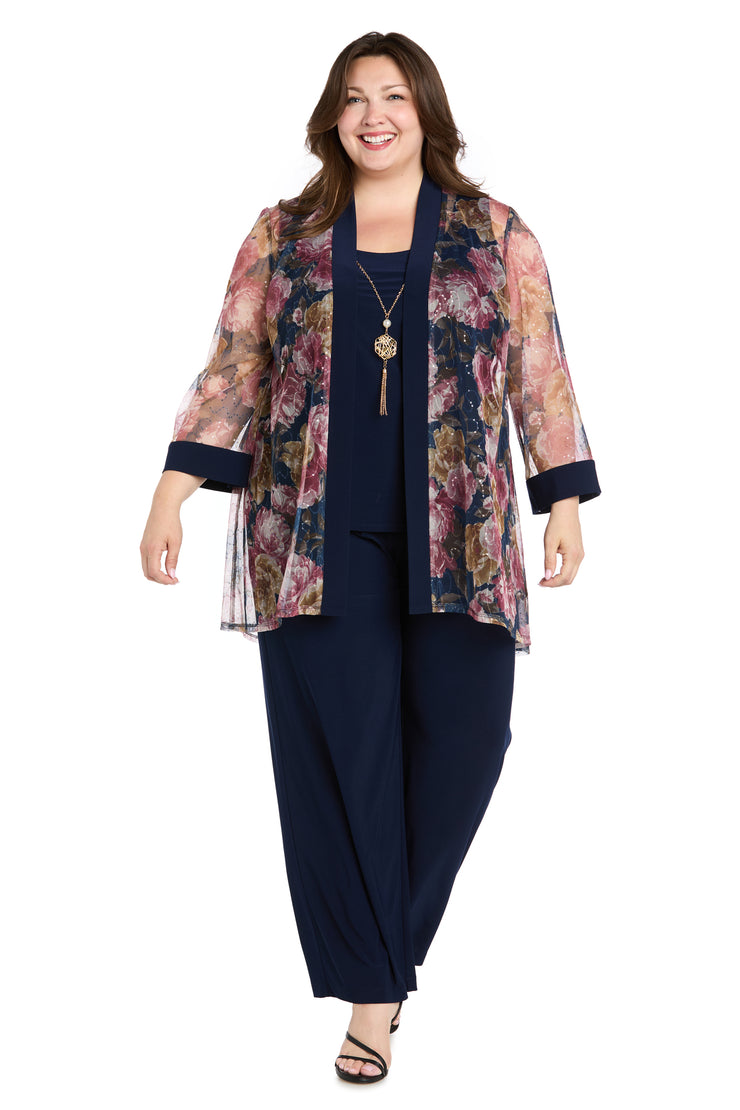 Elegant Black ITY Pant Set with Floral Sheer Jacket - Plus