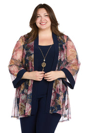 Elegant Black ITY Pant Set with Floral Sheer Jacket - Plus