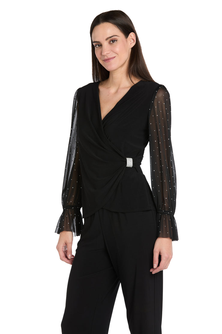 Studded Glam Wrap Top with Chiffon Bell Sleeves