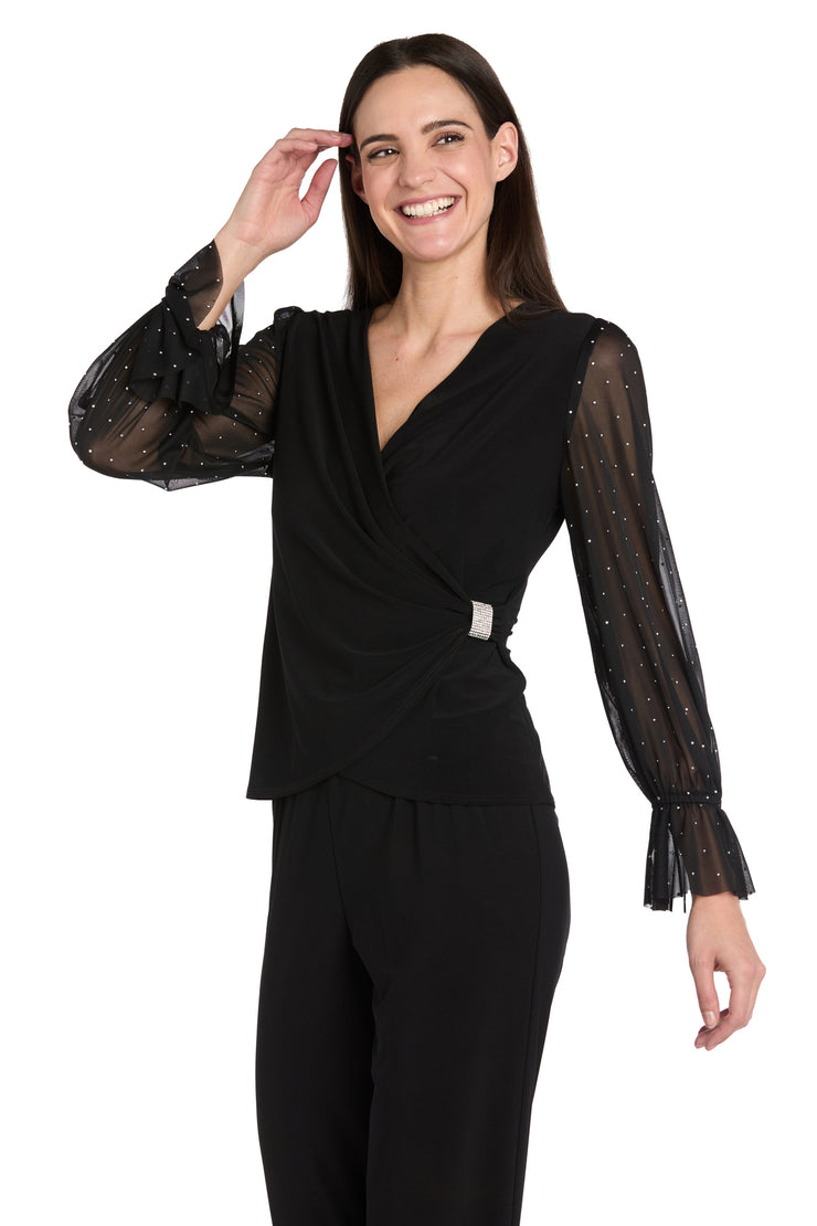 Studded Glam Wrap Top with Chiffon Bell Sleeves