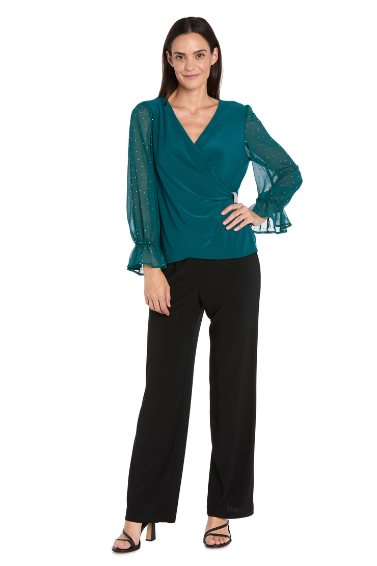 Studded Glam Wrap Top with Chiffon Bell Sleeves