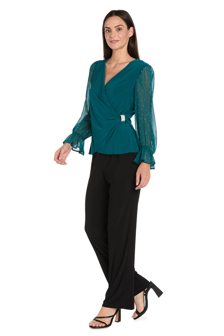 Studded Glam Wrap Top with Chiffon Bell Sleeves