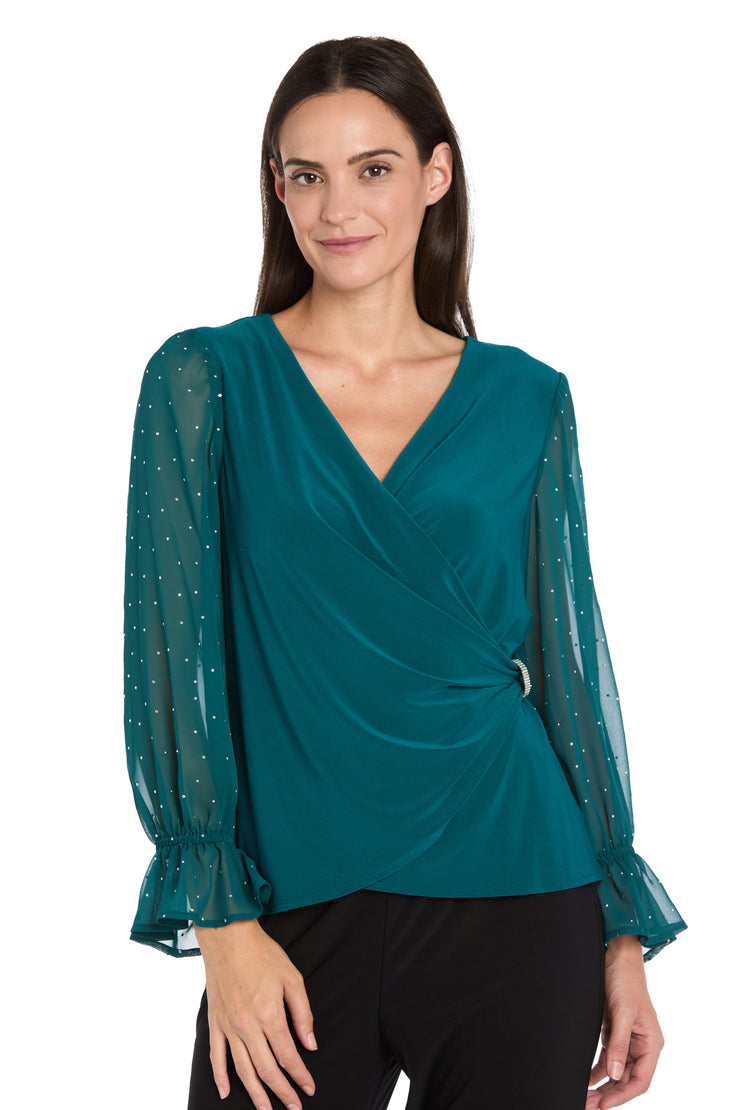 Studded Glam Wrap Top with Chiffon Bell Sleeves
