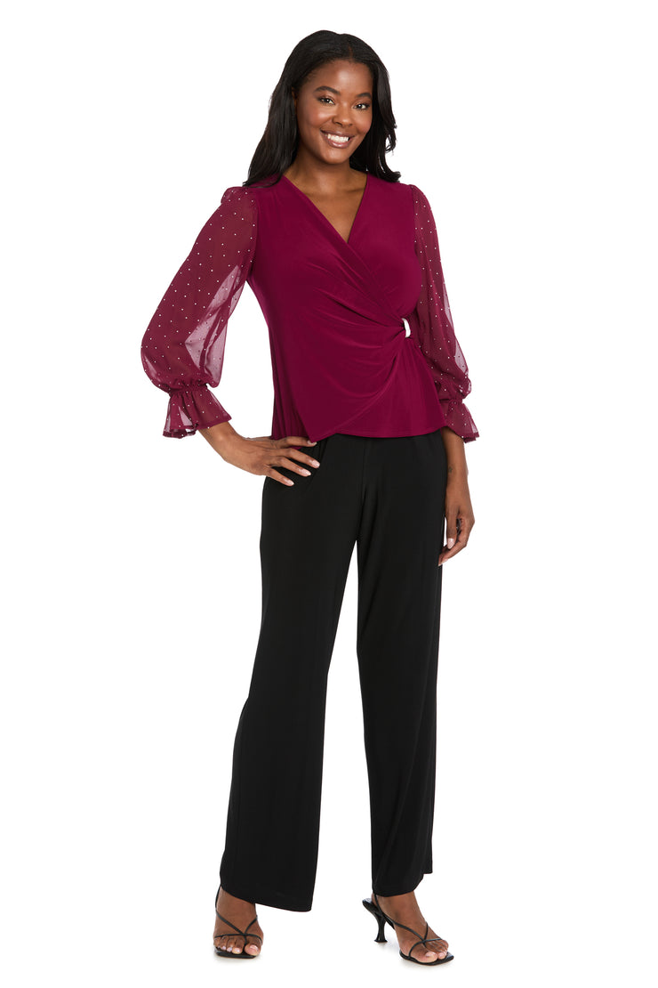 Studded Glam Wrap Top with Chiffon Bell Sleeves