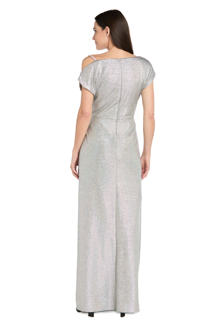 Silver Metallic Gown with Off-Shoulder Sleeve, Rhinestone Strap