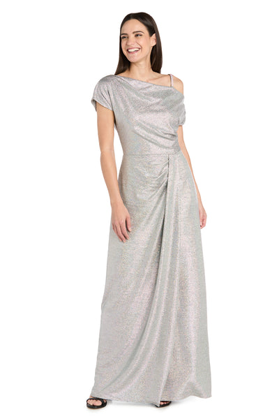 Silver Metallic Gown with Off-Shoulder Sleeve, Rhinestone Strap