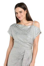 Silver Metallic Gown with Off-Shoulder Sleeve, Rhinestone Strap