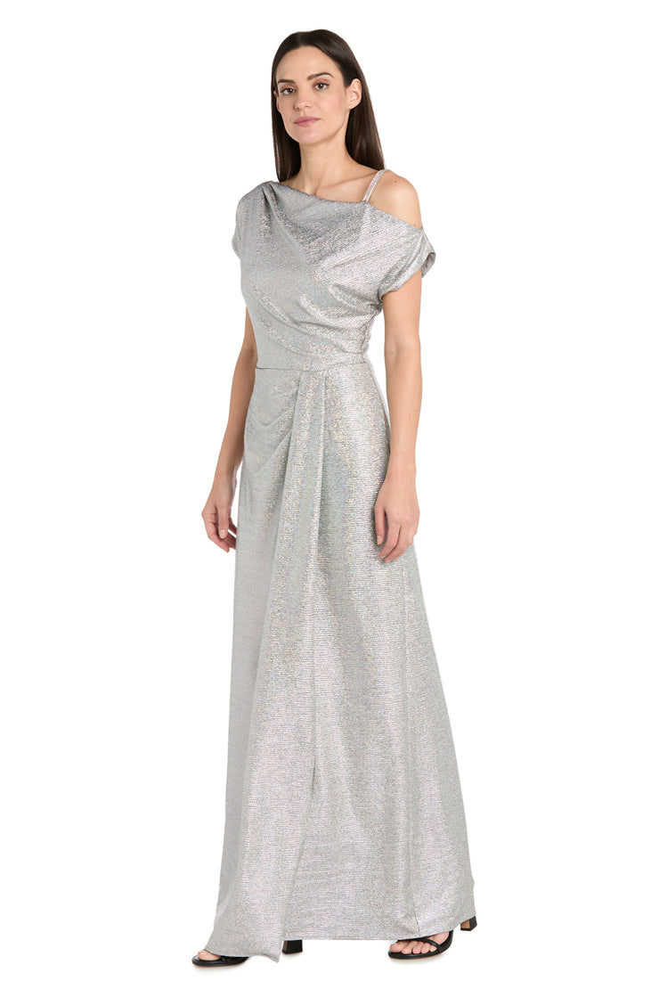 Silver Metallic Gown with Off-Shoulder Sleeve, Rhinestone Strap