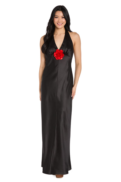 Black Satin Dress with Red Flower Detail