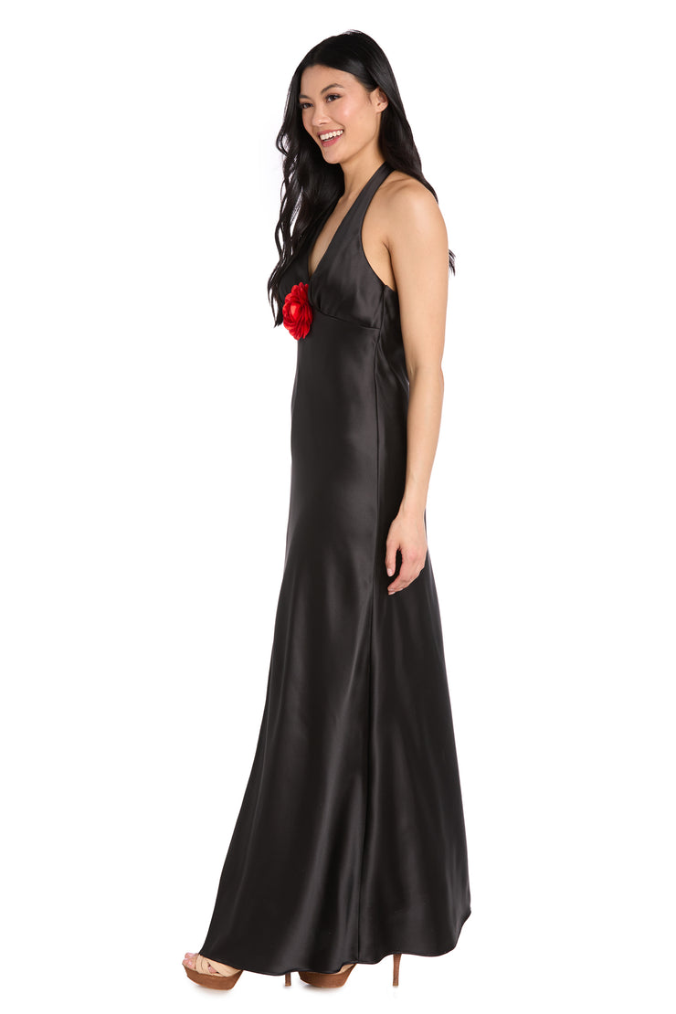 Black Satin Dress with Red Flower Detail