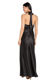 Black Satin Dress with Red Flower Detail