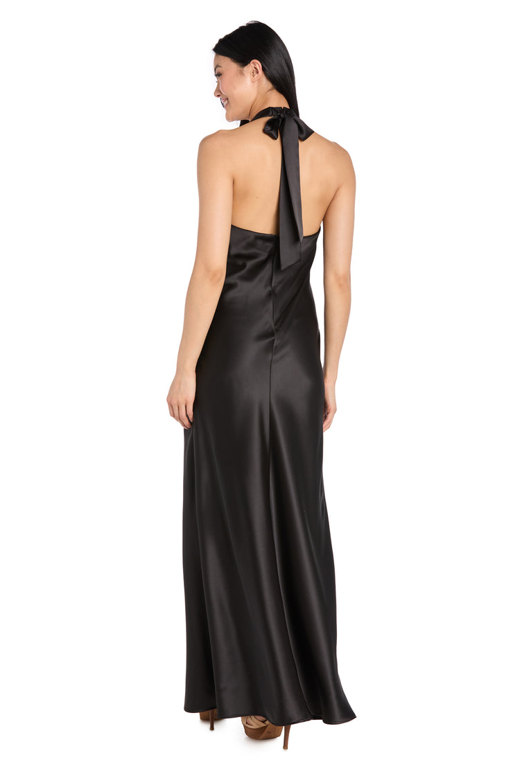 Black Satin Dress with Red Flower Detail