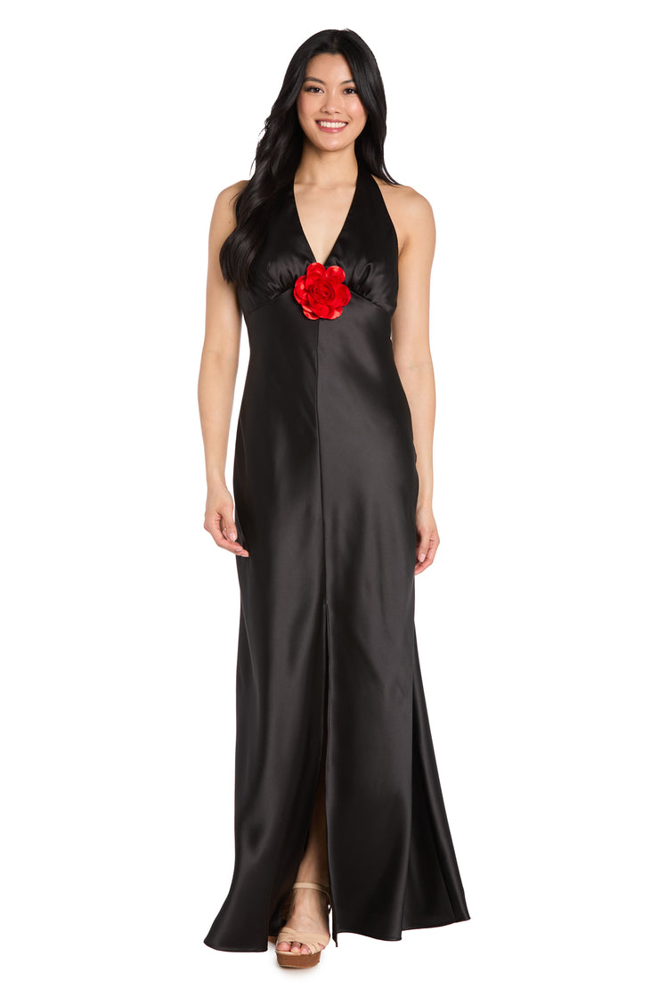 Black Satin Dress with Red Flower Detail