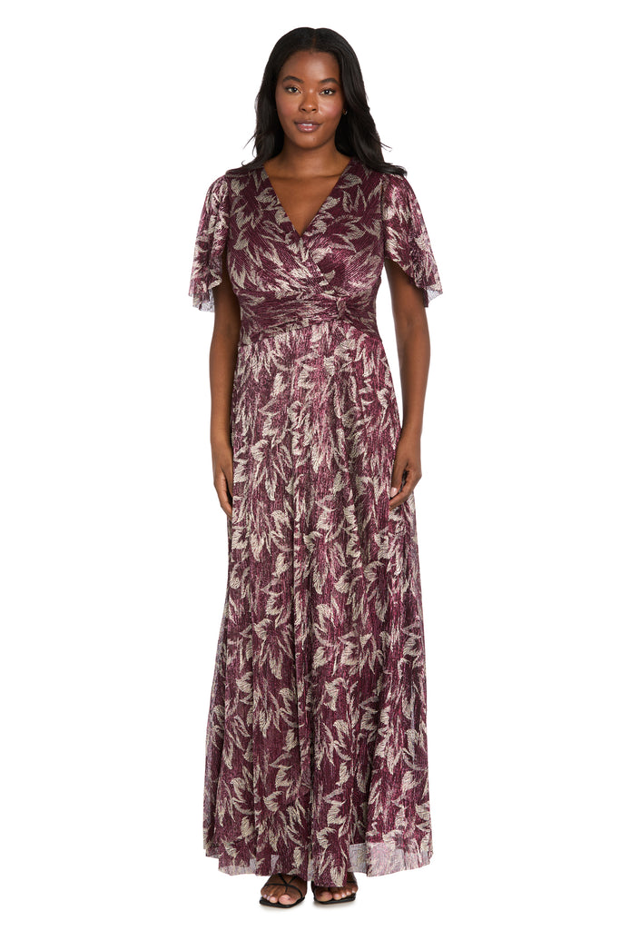 R & M Richards Women's Long Metallic Printed Dress, Gold, 12