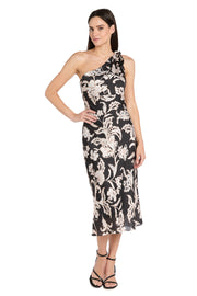 One-Shoulder Black & Ivory Satin Midi Dress with Bow Detail