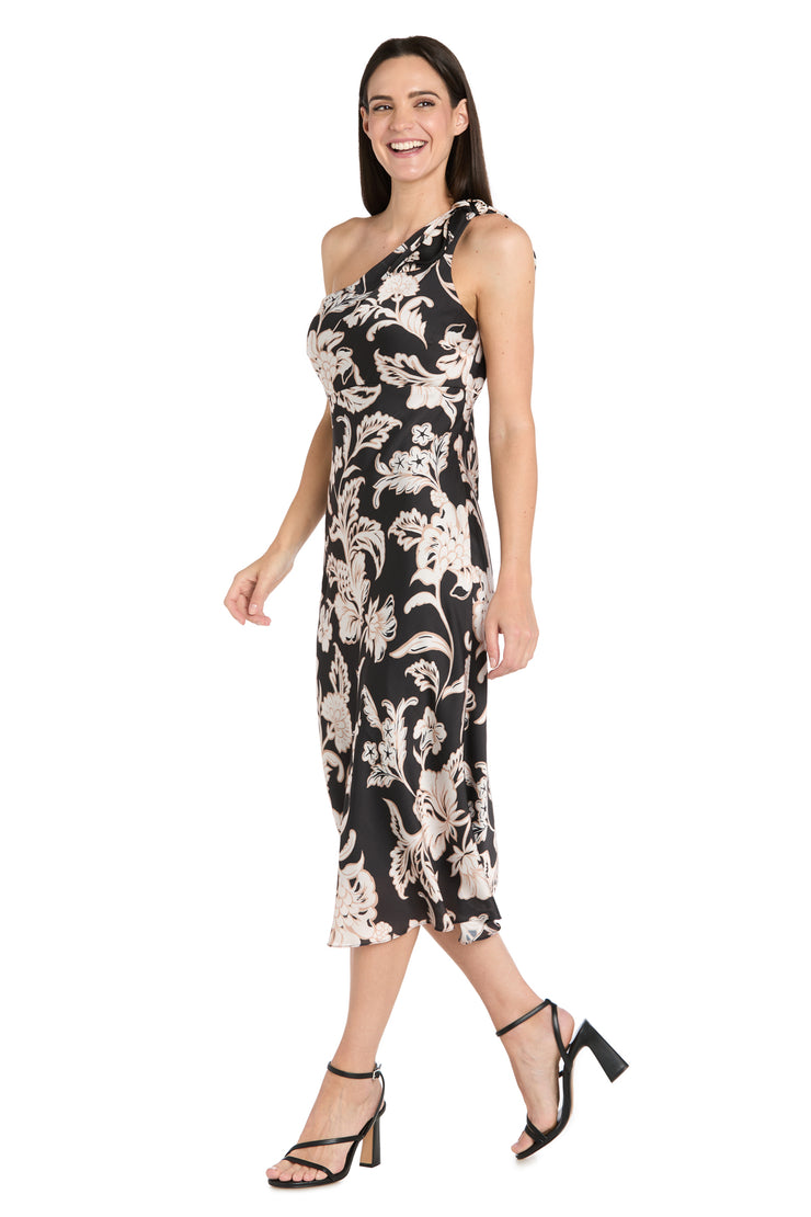 One-Shoulder Black & Ivory Satin Midi Dress with Bow Detail