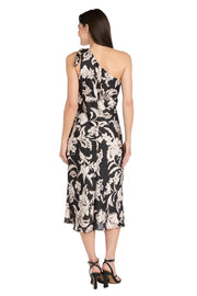 One-Shoulder Black & Ivory Satin Midi Dress with Bow Detail