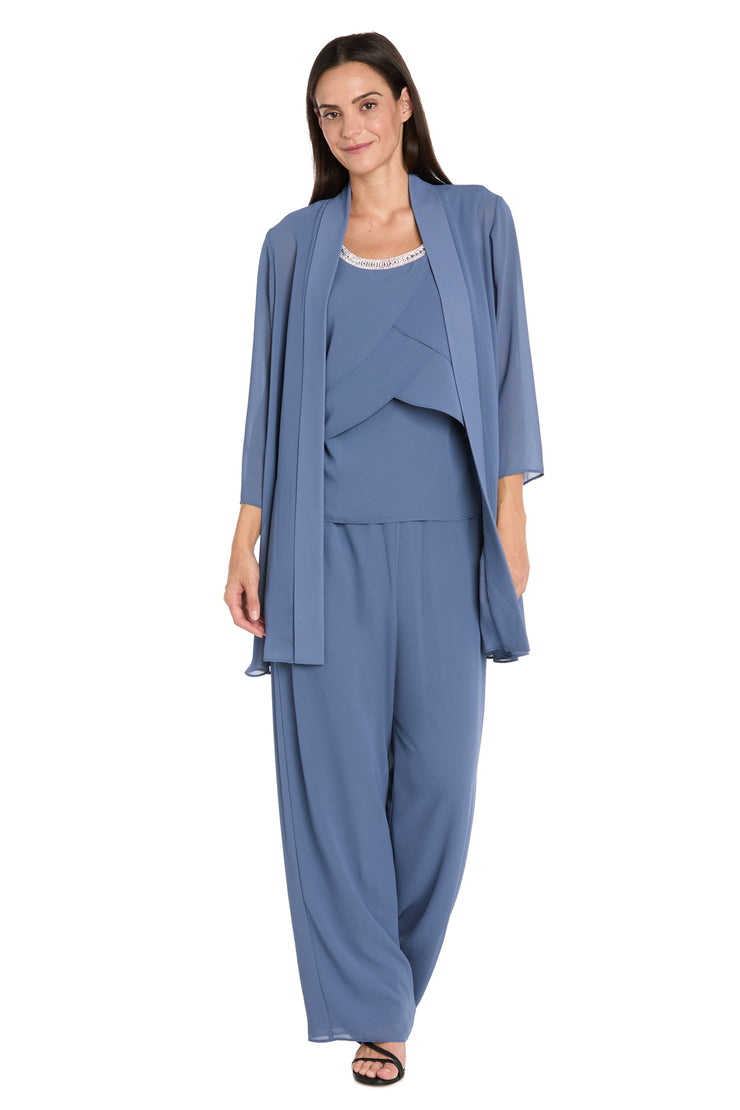 Elegant 3-Piece Chiffon Soufflé Pantsuit with Beaded Necklace Trim & Duster Jacket