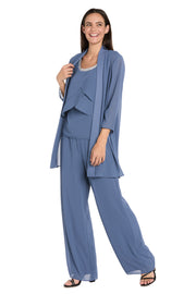Elegant 3-Piece Chiffon Soufflé Pantsuit with Beaded Necklace Trim & Duster Jacket