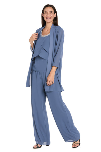 Elegant 3-Piece Chiffon Soufflé Pantsuit with Beaded Necklace Trim & Duster Jacket