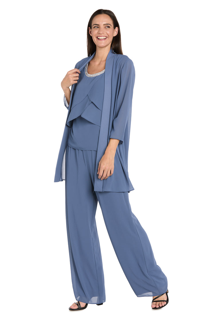 Elegant 3-Piece Chiffon Soufflé Pantsuit with Beaded Necklace Trim & Duster Jacket