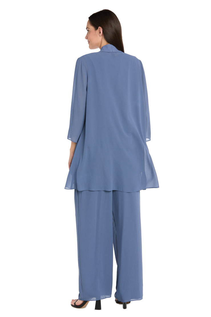 Elegant 3-Piece Chiffon Soufflé Pantsuit with Beaded Necklace Trim & Duster Jacket