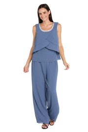 Elegant 3-Piece Chiffon Soufflé Pantsuit with Beaded Necklace Trim & Duster Jacket
