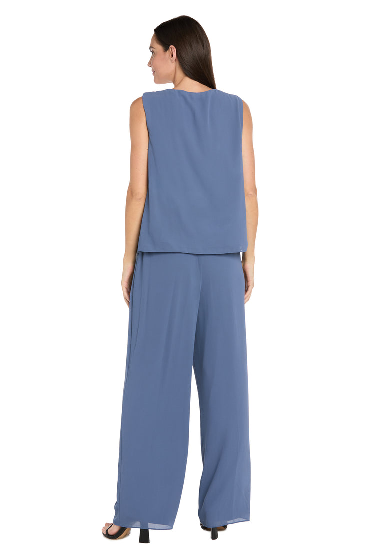 Elegant 3-Piece Chiffon Soufflé Pantsuit with Beaded Necklace Trim & Duster Jacket