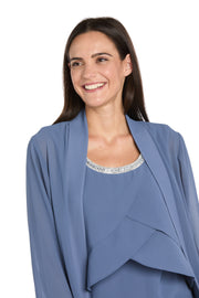 Elegant 3-Piece Chiffon Soufflé Pantsuit with Beaded Necklace Trim & Duster Jacket