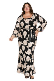 Long Stretch Mesh Dress with Contrast Soutache and Satin Sash - Plus