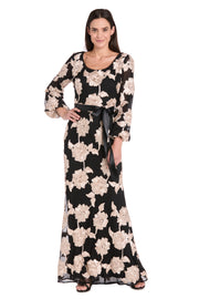 Long Stretch Mesh Dress with Contrast Soutache and Satin Sash - Petite