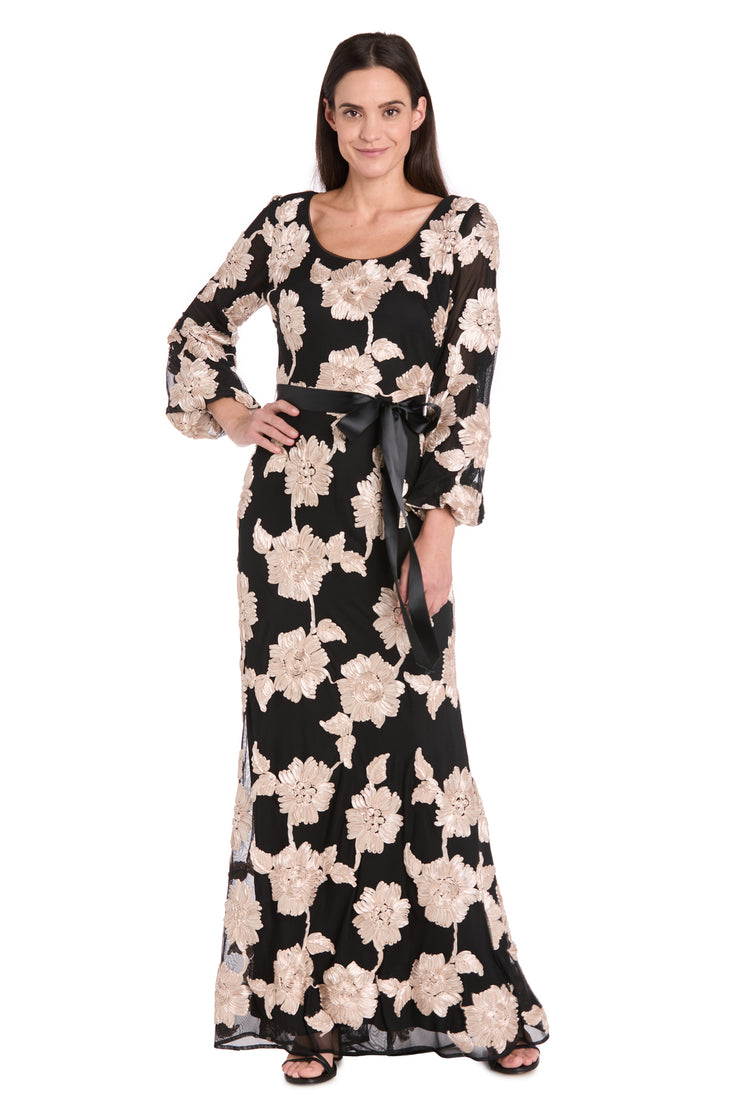 Long Stretch Mesh Dress with Contrast Soutache and Satin Sash - Petite