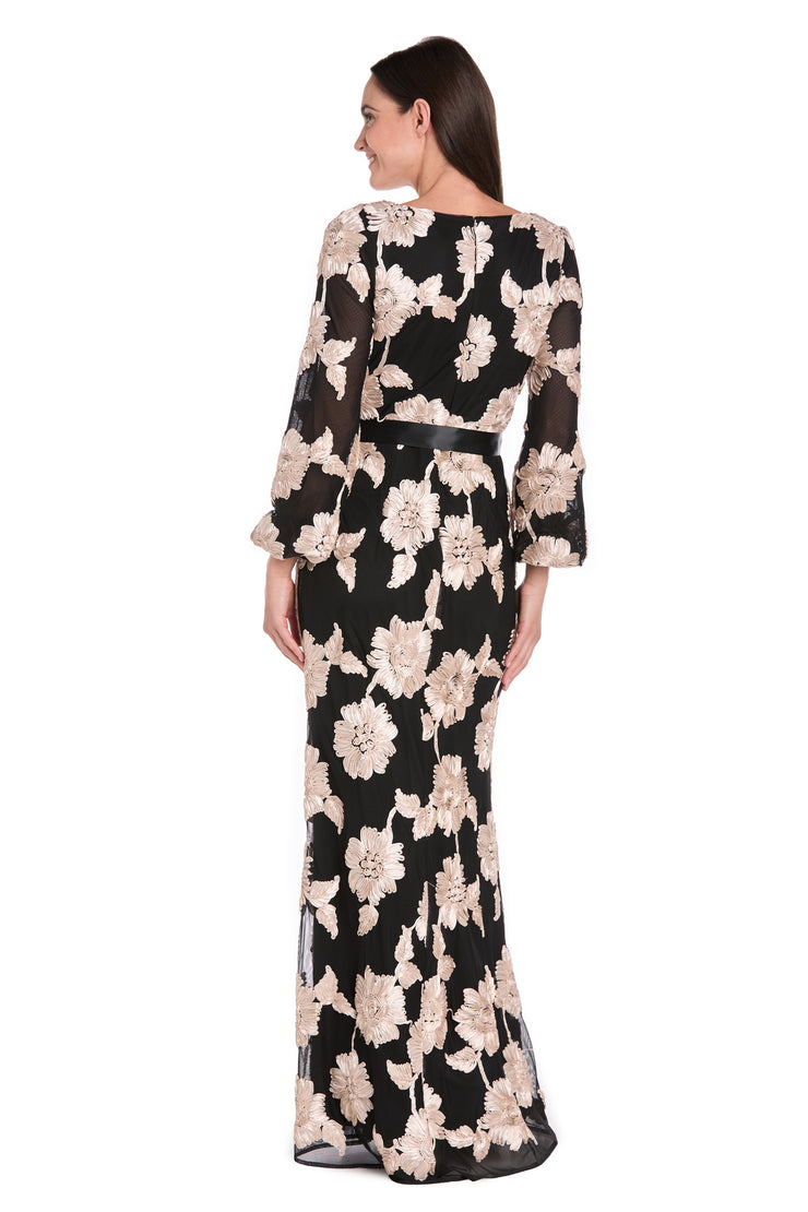 Long Stretch Mesh Dress with Contrast Soutache and Satin Sash - Petite