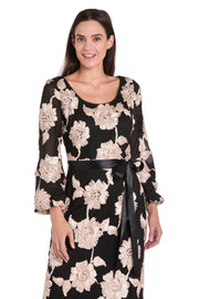 Long Stretch Mesh Dress with Contrast Soutache and Satin Sash - Petite