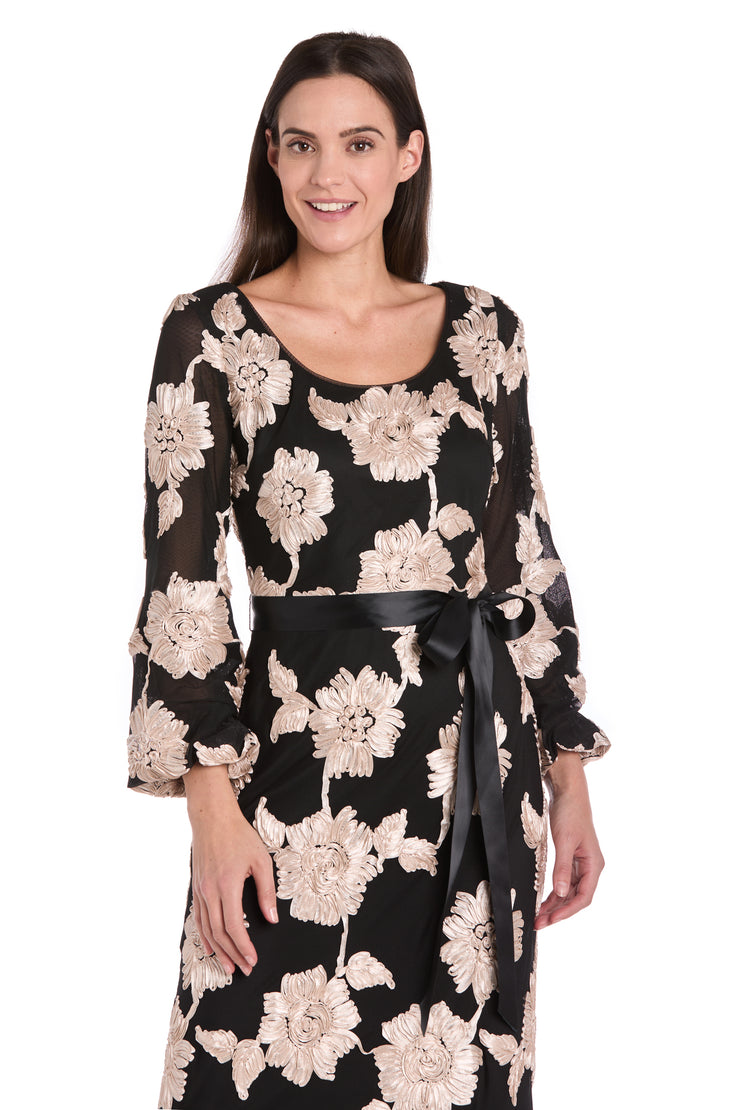 Long Stretch Mesh Dress with Contrast Soutache and Satin Sash - Petite