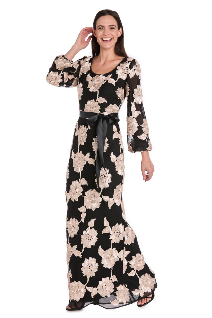 Long Stretch Mesh Dress with Contrast Soutache and Satin Sash - Petite