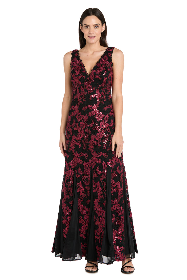 Embroidered Brocade V-Neck Gown with Chiffon Inserts & Lace Trim - Petite